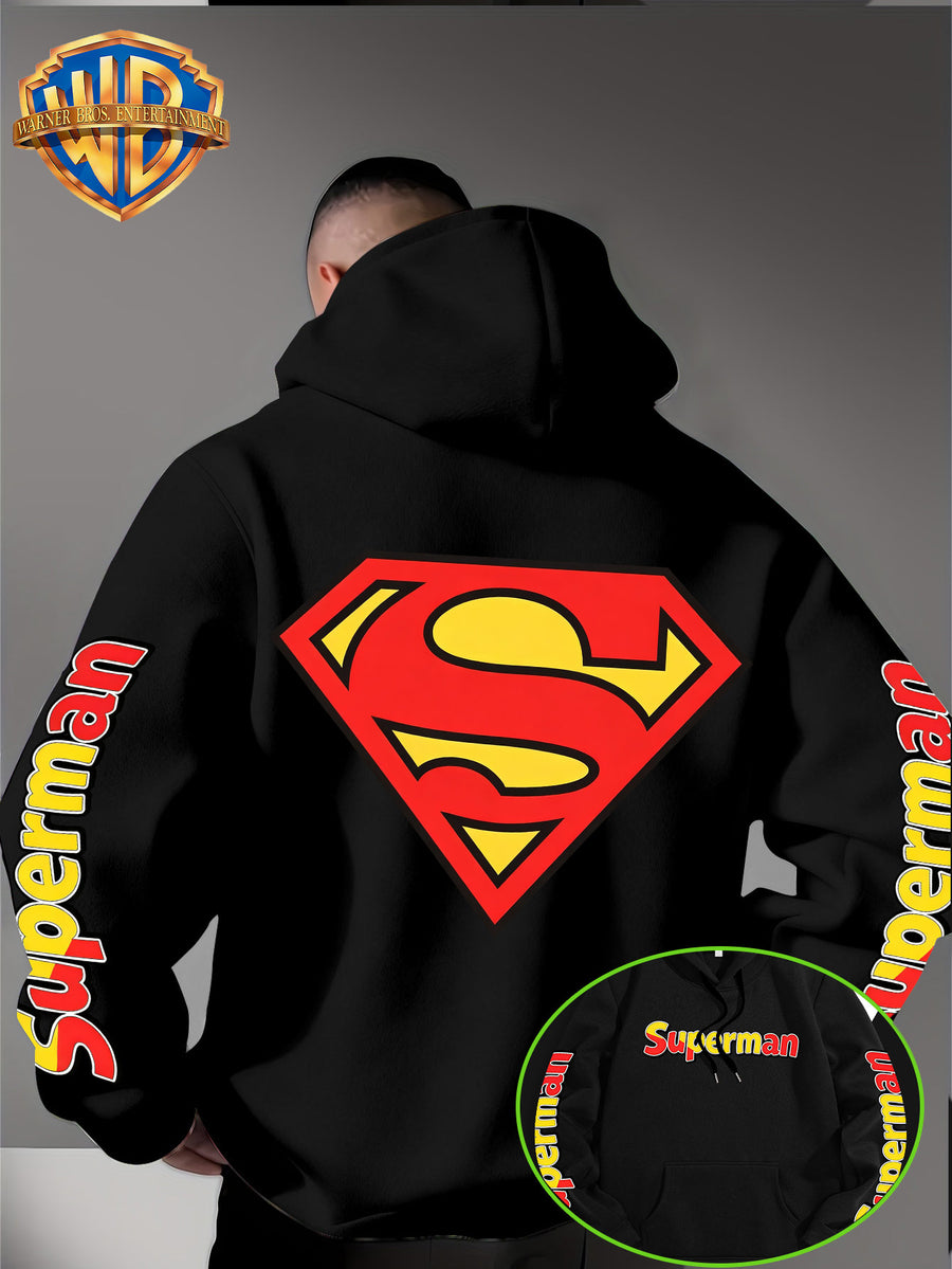 DC Superman Classic S Logo Print Hoodie American Casual Fall Winter Sweatshirt - Men'S Versatile Pullover, Cozy And Warm Fleece-Lined Top for Sports, Outdoor, Travel, Daily Wear, Commute, Home, Perfect Gift for Lovers And Friends - Unisex - Black