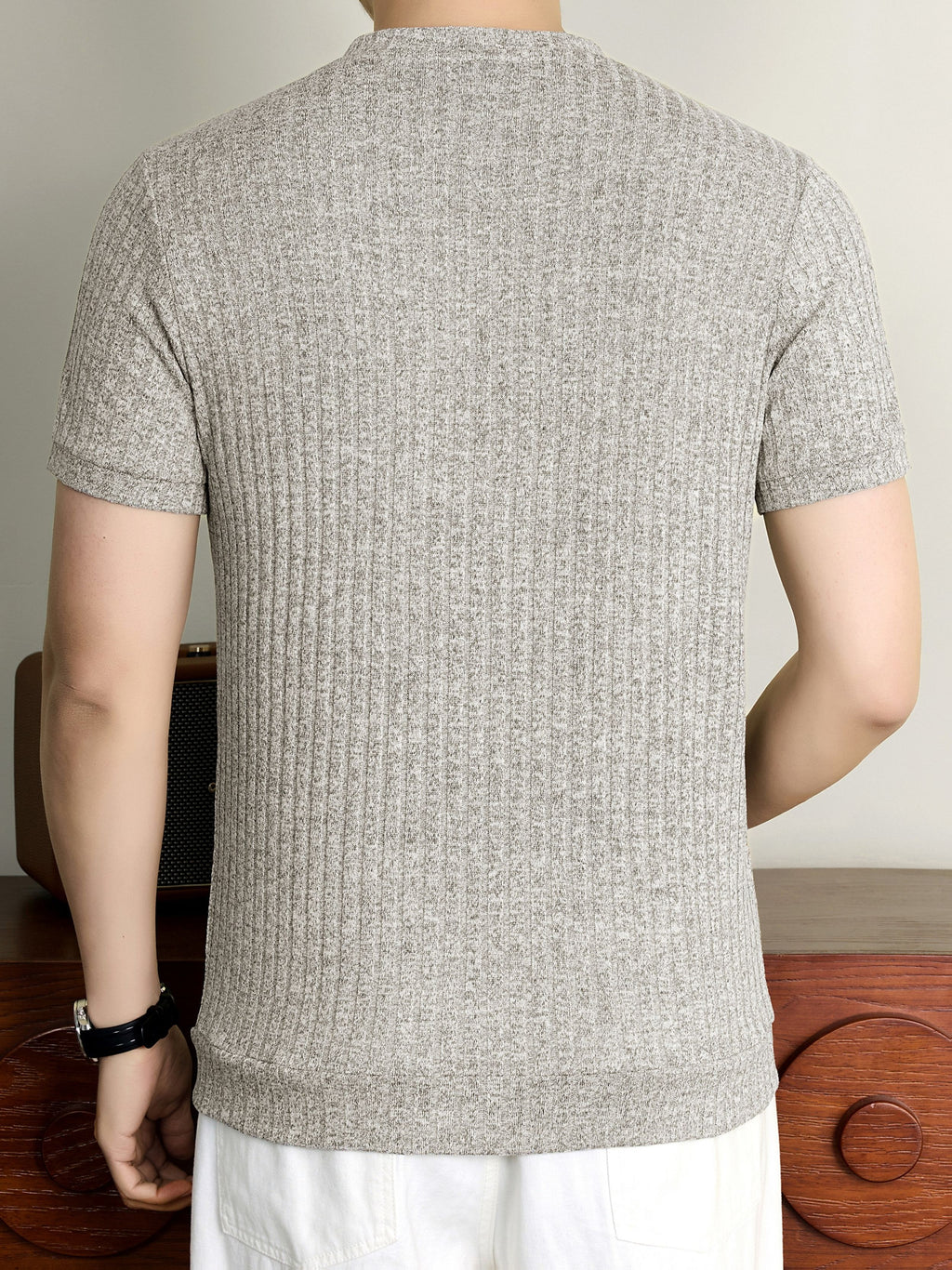 Men'S 2026 New Summer Short Sleeve, Vertical Rib Knit, Regular Fit Casual Top, Easy And Fashionable for Daily Wear, Business Commute, Vacation And Weekend Leisure - Ash