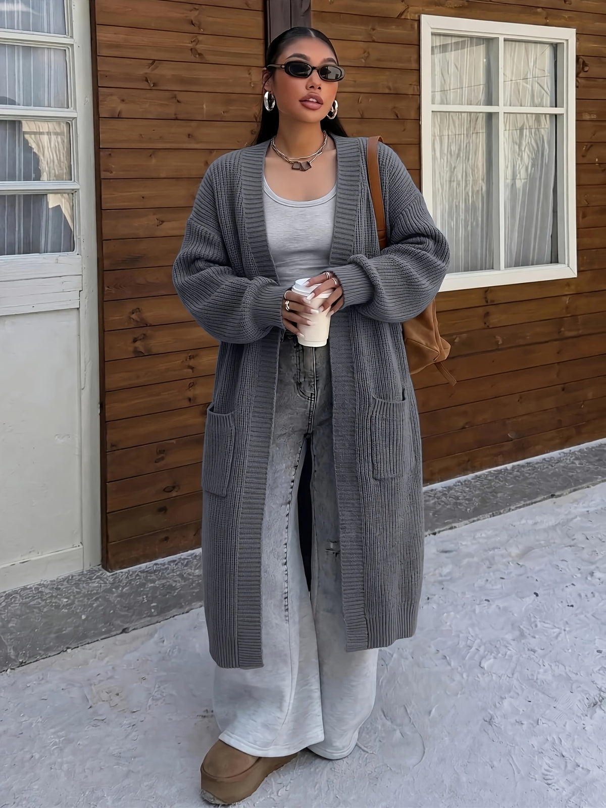 Plus Size Women'S Solid Casual Long Sleeve Off-Shoulder Long Autumn Winter Coat - Grey