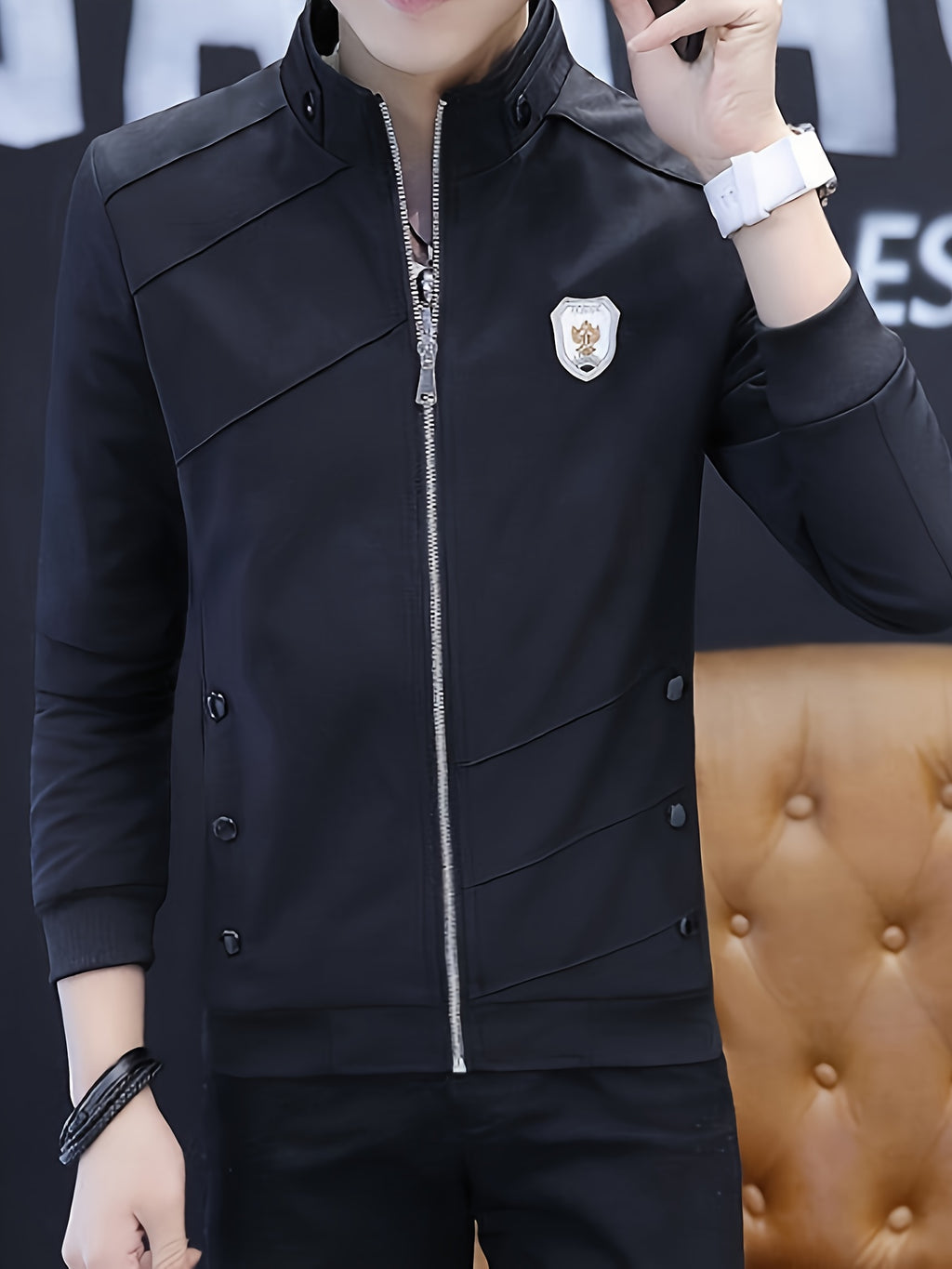 Men's Slim-Fit Stand Collar Jacket - Elegant Beige Polyester with Black Accents, Casual Business Style for Spring and Fall, Stylish Layering Piece | Zipper Closure Jacket | Tailored Fit - 10602 Badge - 888 Black
