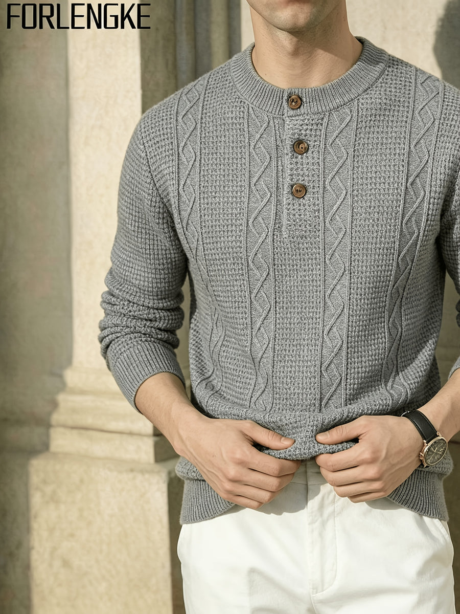 FORLENGKE Men Business Casual Henley Collar Cable Knit Sweater, Soft Warm Long Sleeve Pullover Tops for Autumn Winter Office Daily Wear - Grey