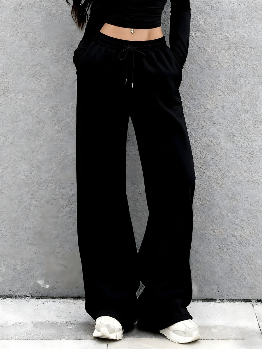 Women's Solid Color Wide-Leg Pants - Elastic Waist & Drawstring Pocket Sweatpants, Loose-Fit Full-Length Trousers for Casual Casual Attire, Lounge, Office & All-Season Comfortable (No  Needed) - Machine Washable Solid Coloration - Black