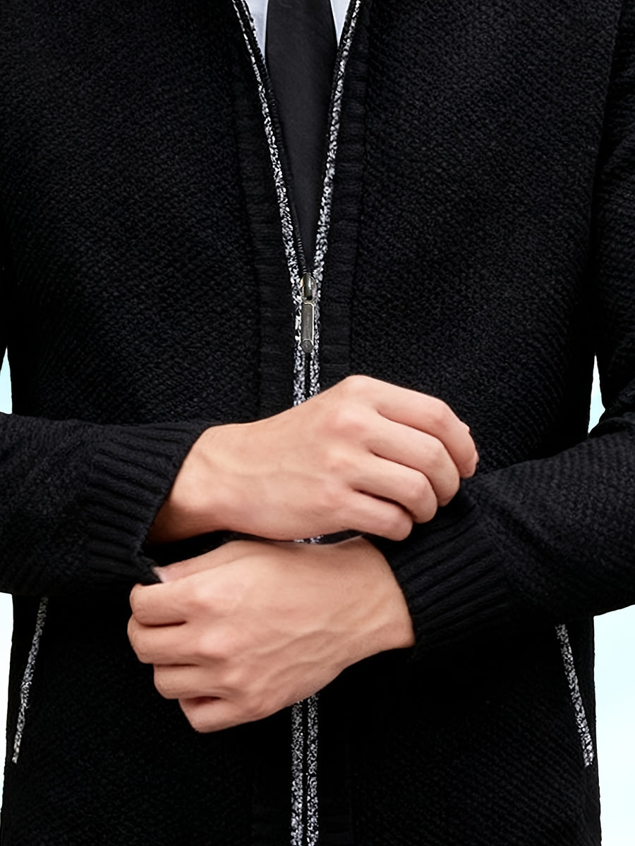 Autumn and Winter Casual Sweater Cardigan Jacket for Men, Thick Zipper Jacket with a Slightly Loose Three-dimensional Cut, Hiding Flesh and Slimming Without Dragging, Easily Creating a Fashionable Business Image (only Includes 1 Jacket) - Black