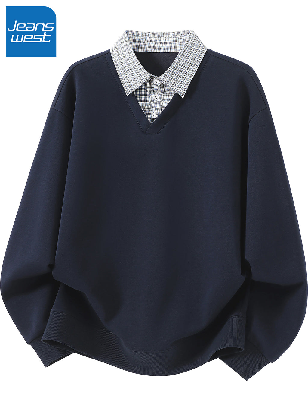 American Casual Men's Patchwork Shirt Collar 2-in-1 Look Sweatshirt, Relaxed Loose Fit V-Neck Versatile Daily Basic Long Sleeve Top - Navy