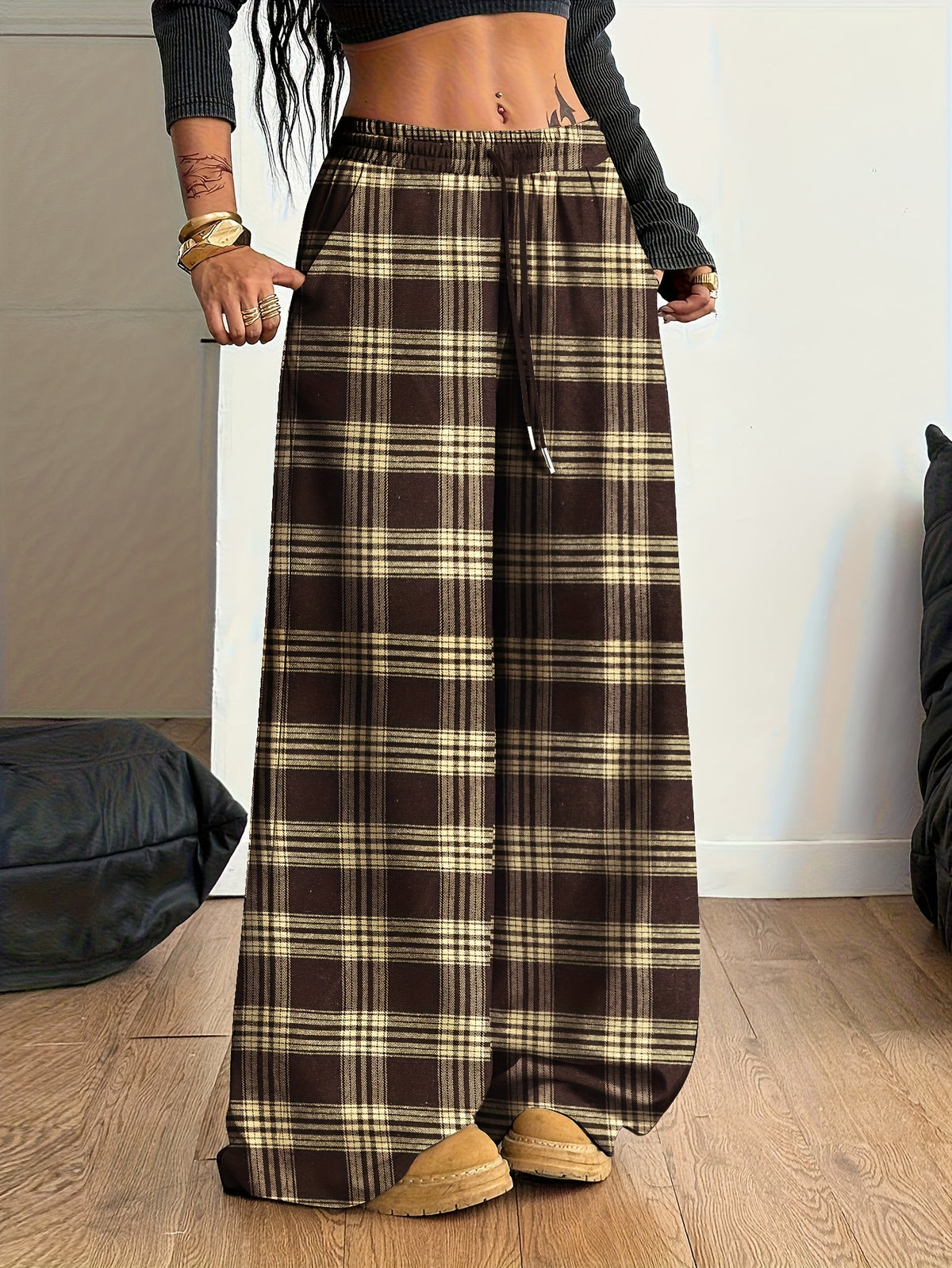 Women'S Plaid Wide-Leg Pocket Drawstring Casual Fashion Fall Winter Trousers - Coffee Brown