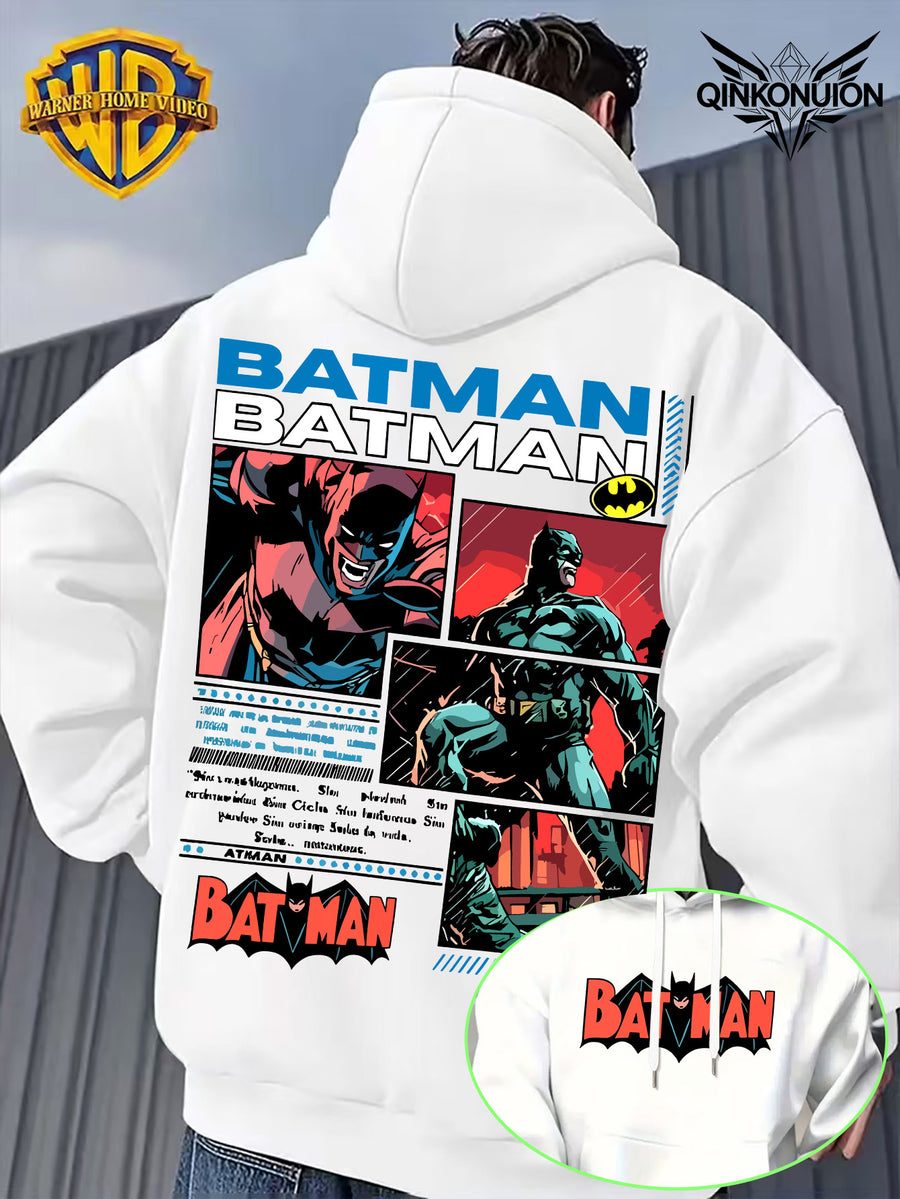 Warner Official Men'S Retro Comic Style Batman Hot-Blooded Trendy Printed Drawstring Hoodie, Warm And Machine Washable for Autumn And Winter, Multifunctional Street Sports And Leisure Loose Edition - White