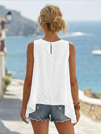 Fashionable Solid Color Round Neck Asymmetrical Hem A-Line Tank Top, Women's Elegant Top - White