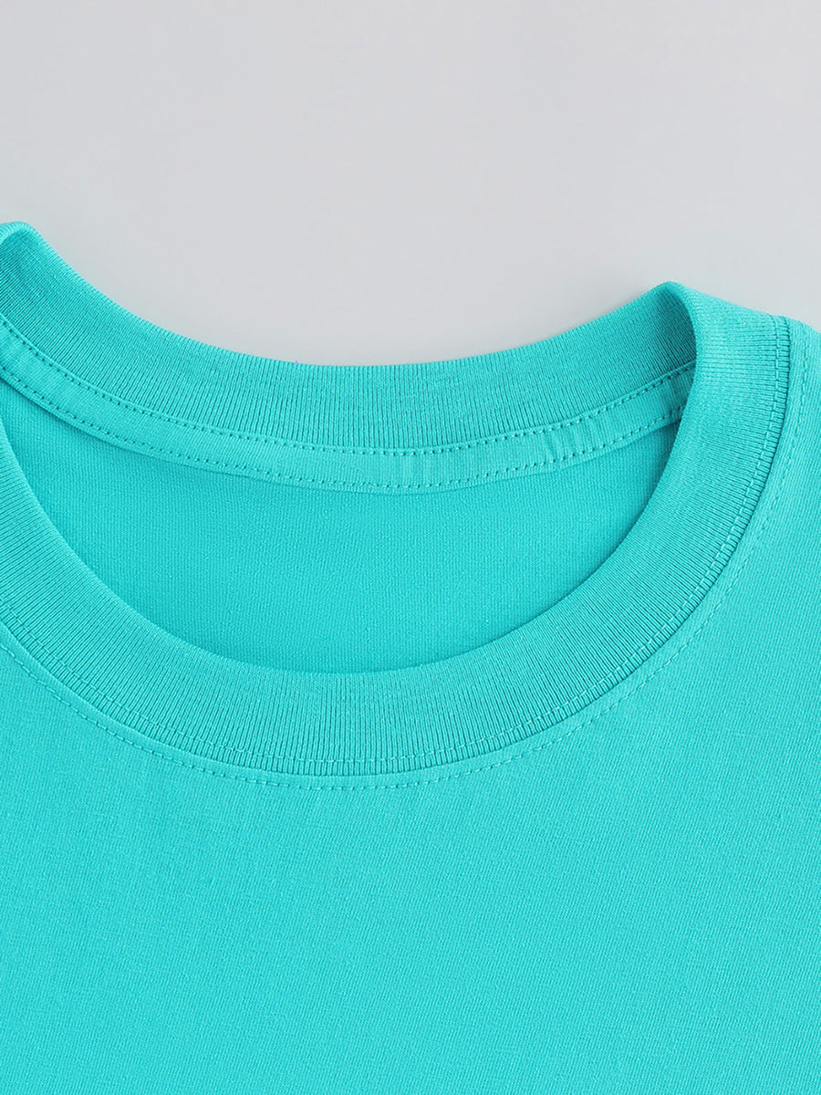 The First Two Armbands. Women's Spring/summer Y Style T-shirt Featuring Numbers, Letters, and Lines. Size 91. Fashionable, Loose-fit, Round Neck, Printed Short Sleeve, Pure Oversized Drop-shoulder T-shirt. Su K - Cyan