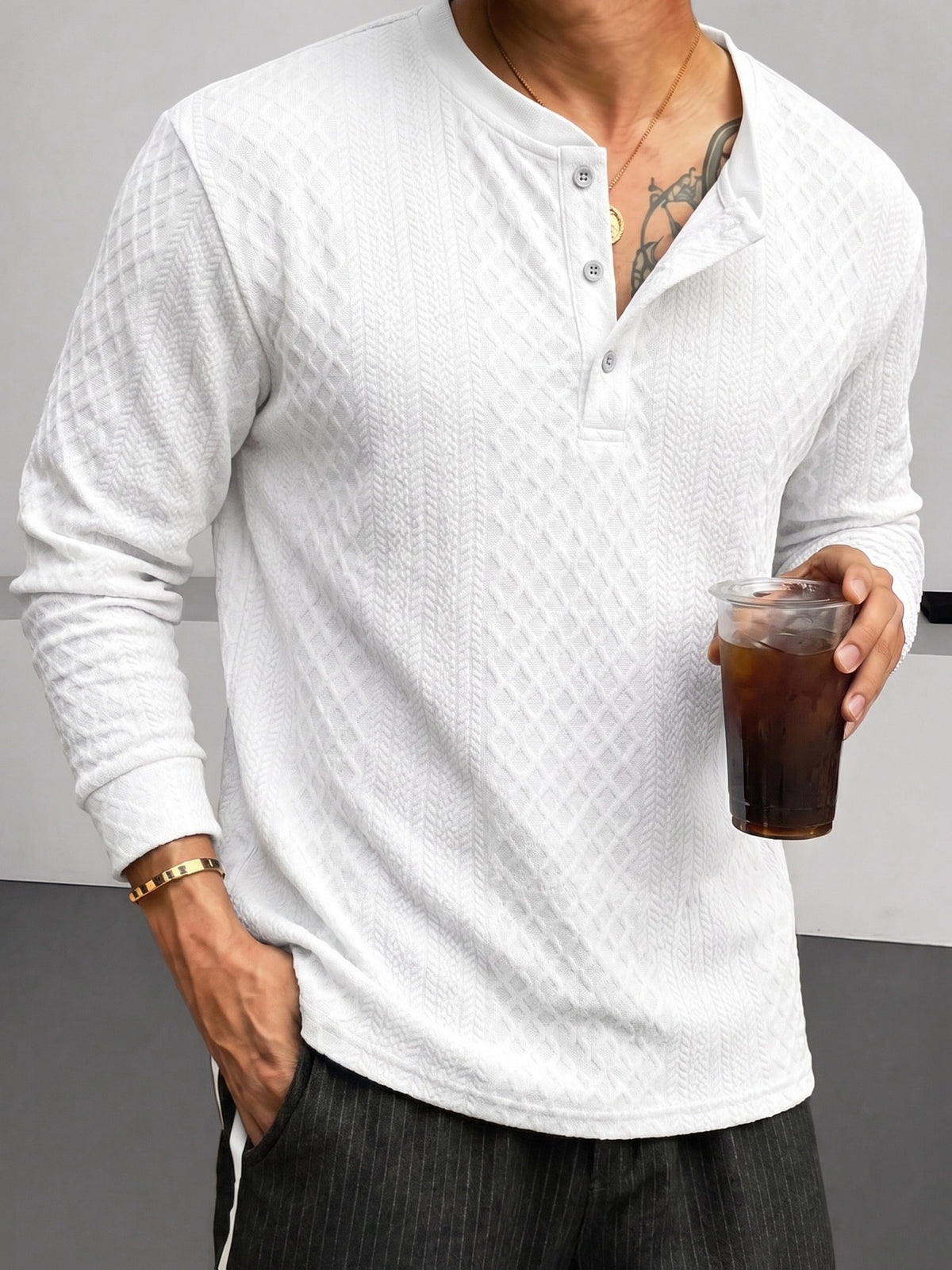 1 Men's Fashion Casual Long-Sleeve Thick Knit Sweater | High-End Solid Jacquard Soft Fabric | Small Stand-Up Collar with Three-Button Design | Essential Casual Streetwear for Outdoor Warmth | Breathable and Warm | for Indoor Gatherings and Outdoor - White