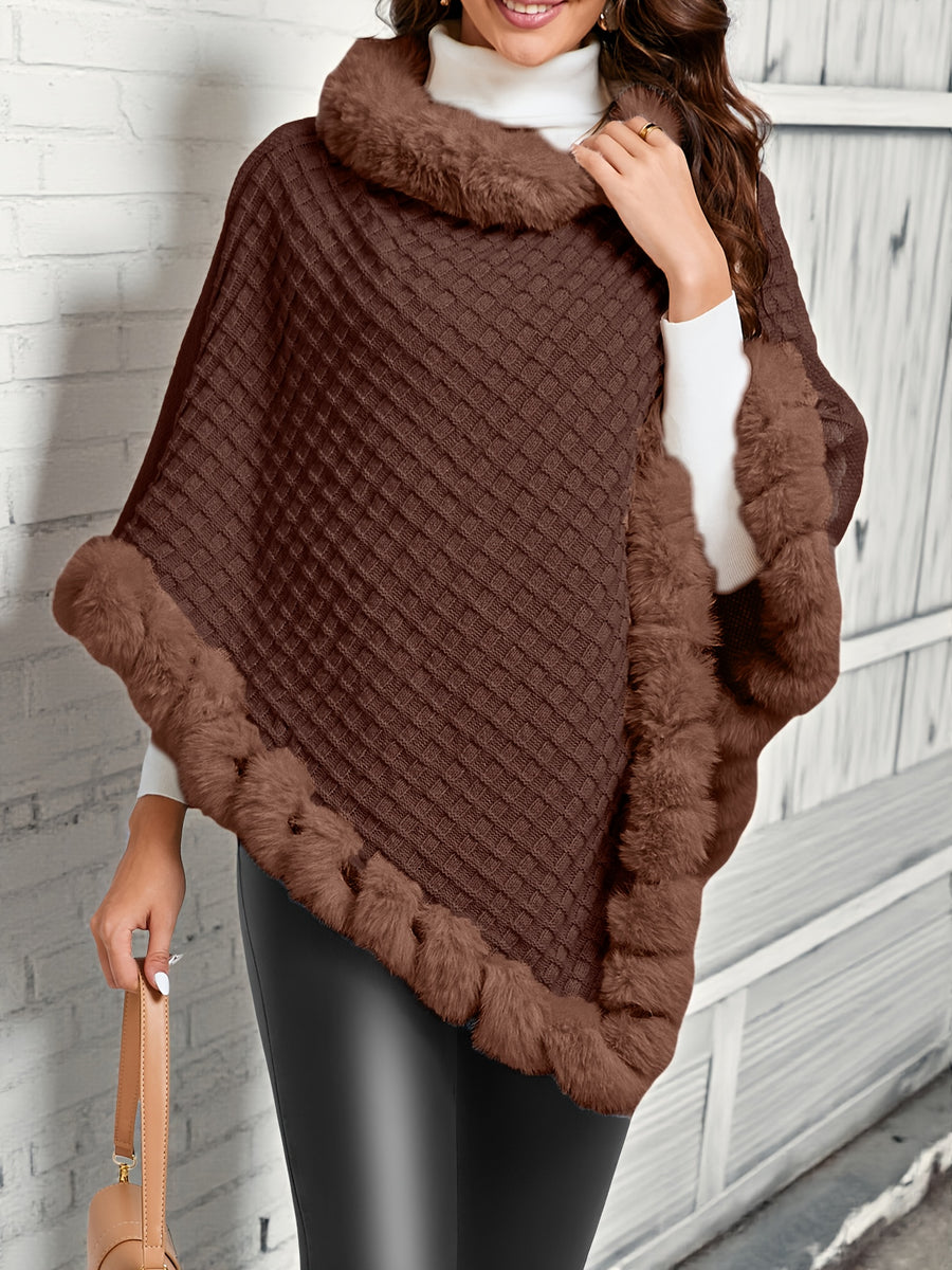 Elegant Special Edition "Pure Body Bust" - 1pc Elegant Women's Solid Color Waffle Shawl Pullover, 100% Polyester Fiber, Faux Trim Collar Patchwork, Stylish and Elegant European/American Style Warm Pullover, Suitable for Autumn/Winter - Coffee Color