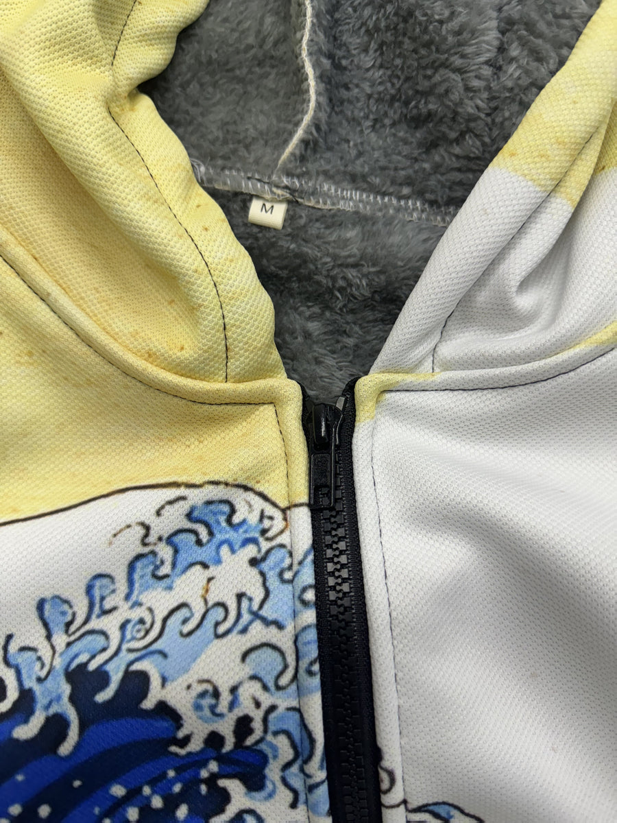 Vintage Japanese Art Wave Pattern Printed Fashion Men's Plush Thick Long-Sleeved Cardigan Coat Winter Warm Zipper Hooded Coat - Off-white