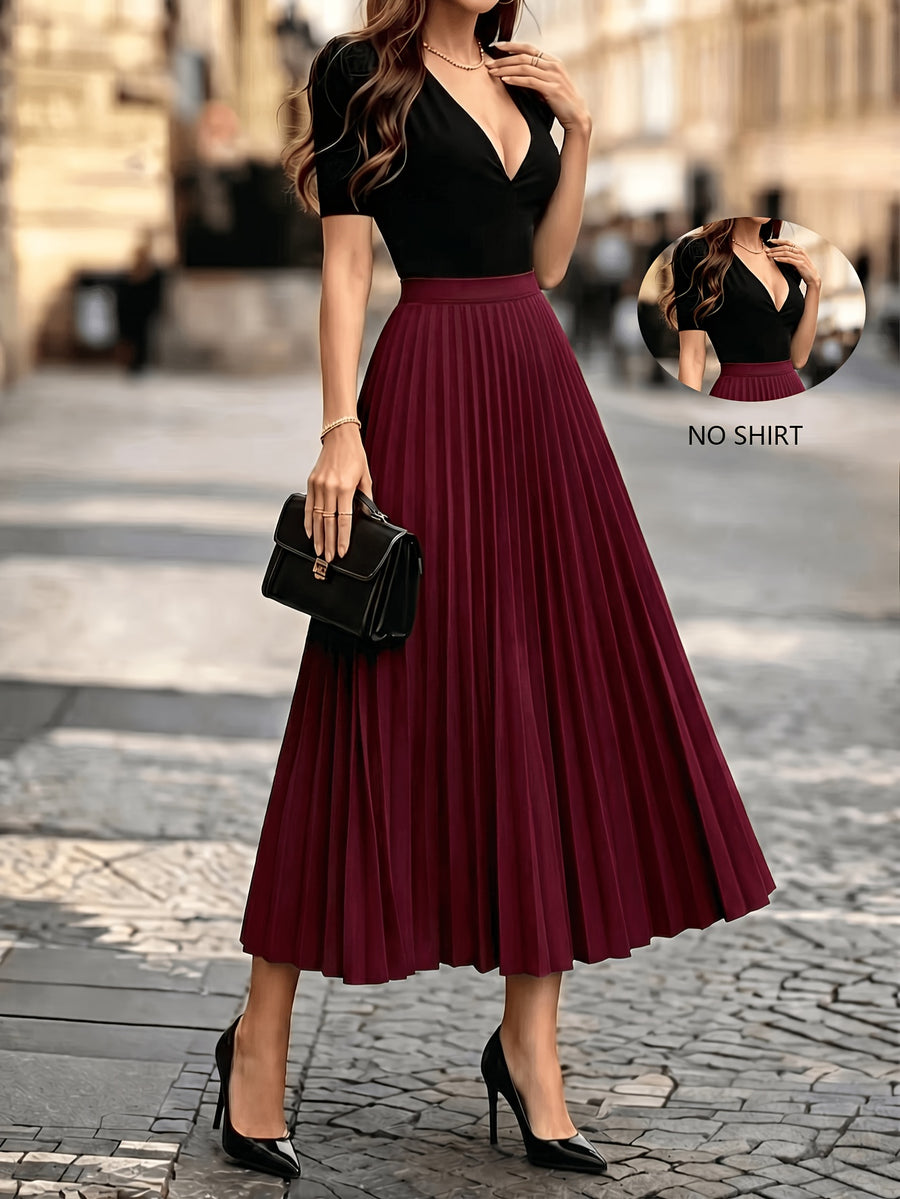 1pc Women's Skirt, Spring/autumn Solid Color Stretch Waist Sun Pleat A-line Skirt - Deep Red