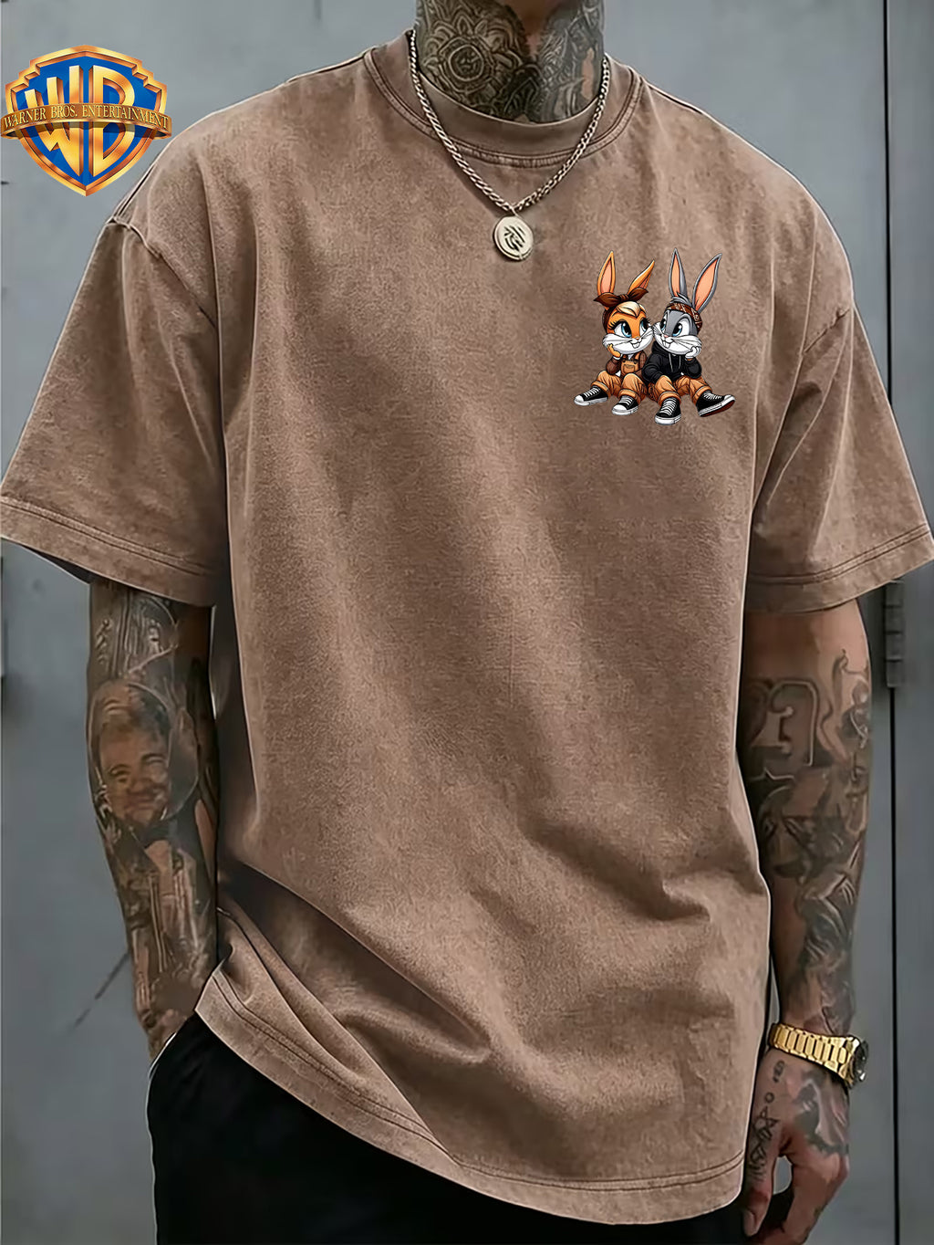 Cartoon Couple Rabbit Heart Front Back Print Washed Distressed T-Shirt, Men'S 100% Fabric, Casual Comfortable Style, Loose Fit Breathable Short Sleeve Men'S Casual Top, Distressed Washed Loose Fit - Khaki