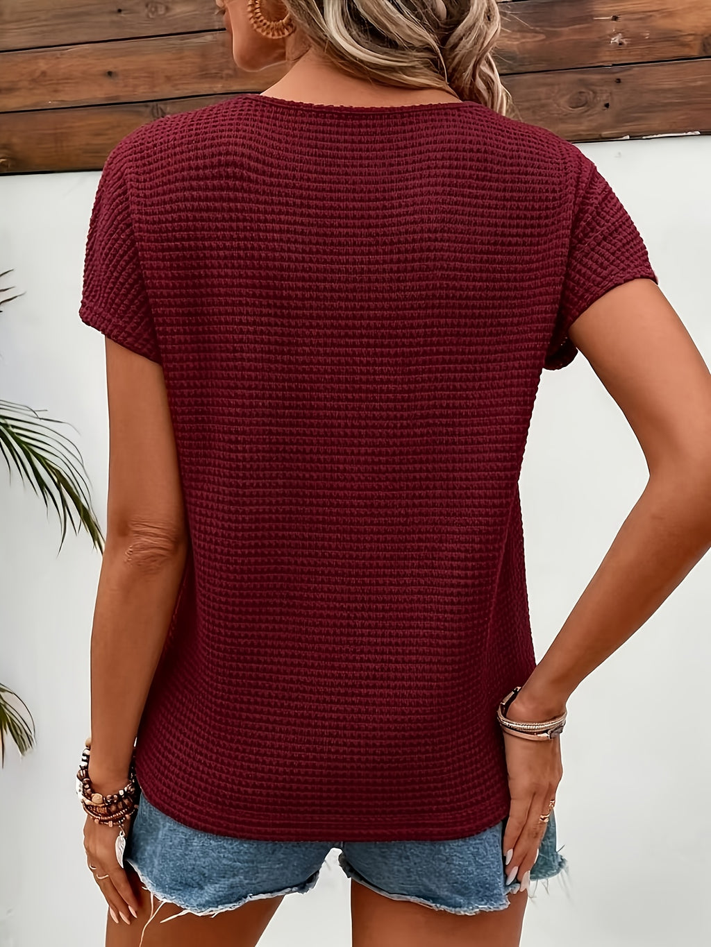 Lace-paneled Waffle- Off-shoulder Short-sleeve T-shirt - Burgundy
