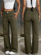 Military Green Washed Denim 2026 New Style Mid-rise Loose  Casual Straight-leg Long Pants with Freely Rollable Cuffs - Olive Green