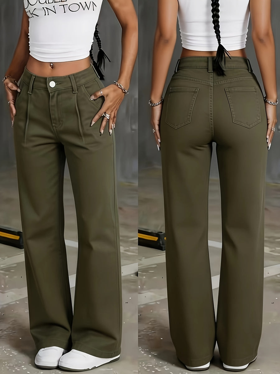 Military Green Washed Denim 2026 New Style Mid-rise Loose Casual Straight-leg Long Pants with Freely Rollable Cuffs - Olive Green