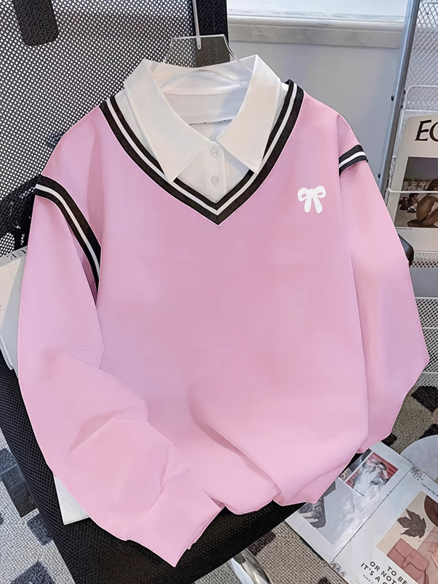 Ladies' Elegant Fashion Bow Print Striped Splicing Sweatshirt - Pink Color