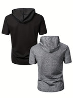 2pcs Men's Stylish Versatile Hooded Short-Sleeve T-Shirt with Kangaroo Pocket, Quick-Dry Breathable Casual Sportswear for Outdoor Fitness and Jogging - Mixed colors