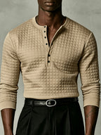 Joshmei OBM New Men's Checkered Embossed Texture Henley Long-Sleeve Shirt, Half-Button Placket Textured Minimalist Casual Top, Autumn/Winter Slim Fit for Daily Commute and Streetwear, Multiple Colors Available - Khaki