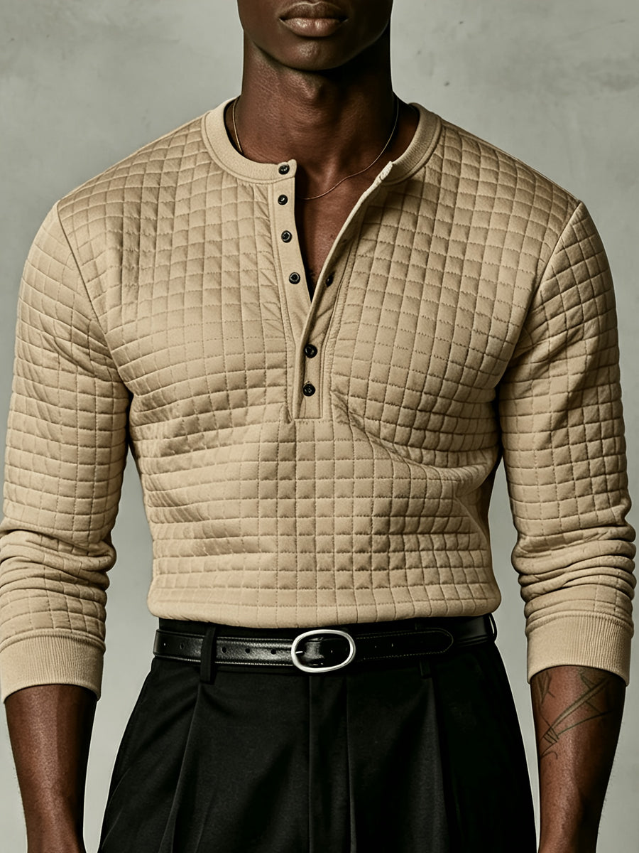 Joshmei OBM New Men's Checkered Embossed Texture Henley Long-Sleeve Shirt, Half-Button Placket Textured Minimalist Casual Top, Autumn/Winter Slim Fit for Daily Commute and Streetwear, Multiple Colors Available - Khaki