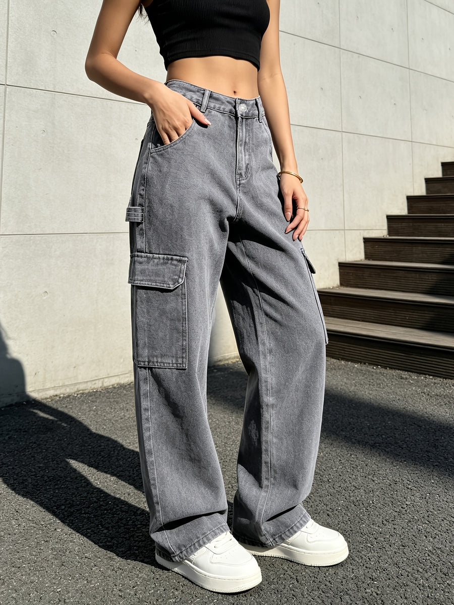 Women'S Vintage Wash Cargo Jeans, Multi-Pocket Loose Straight Leg Denim Trousers, Vintage Streetwear Y2K Casual Pants - Dark Gray
