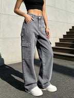 Women'S Vintage Wash Cargo Jeans, Multi-Pocket Loose Straight Leg Denim Trousers, Vintage Streetwear Y2K Casual Pants - Dark Gray