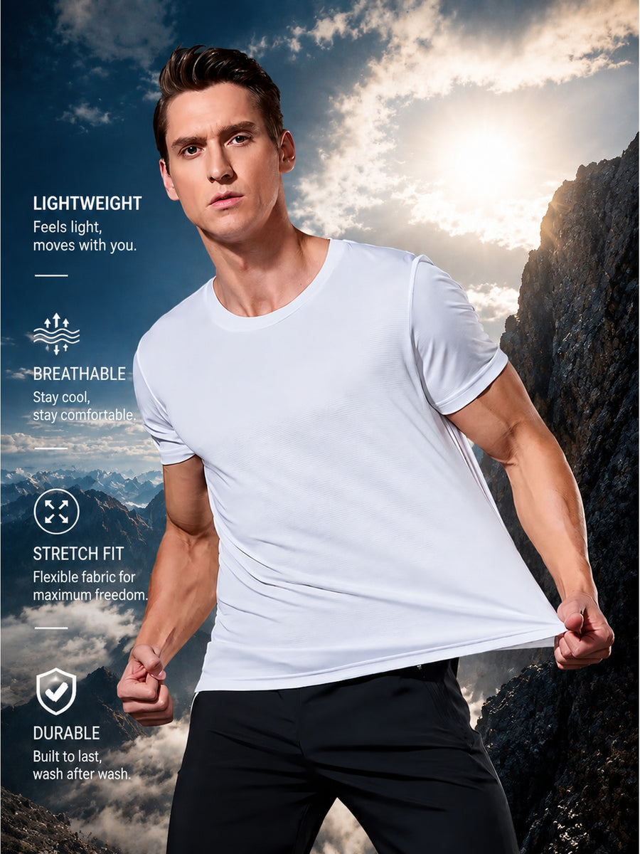 Men's Solid Color T-Shirt, High-Stretch Breathable Lightweight Quick-Dry Casual Crew Neck Base Layer Top, Versatile for Sports, Outdoors, and Daily Wear. A Genuine, High-Quality, Premium Gift for Holidays - White