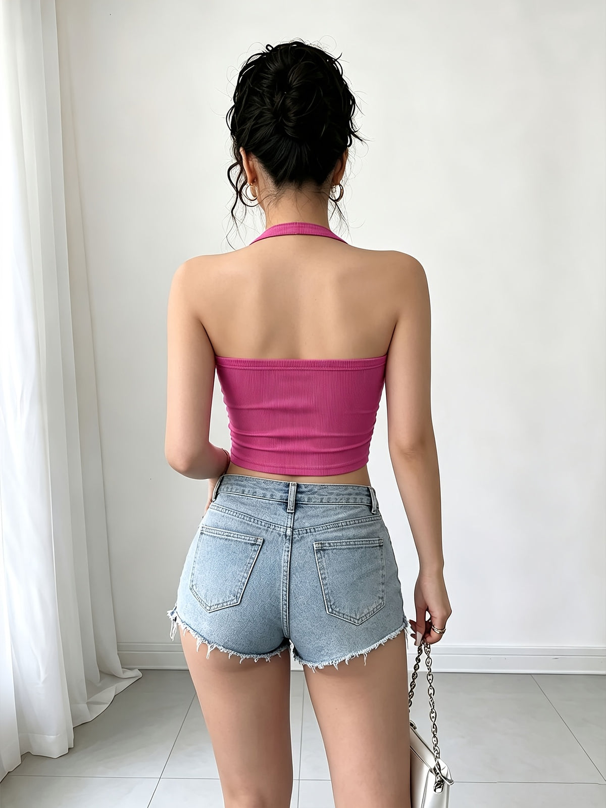 Women'S Spring Summer Halter Neck Solid Color Cami Tank Top, Spicy Sheer Short Top for Inner Wear And Outer Wear, Classic Versatile Style - Bright Pink Color
