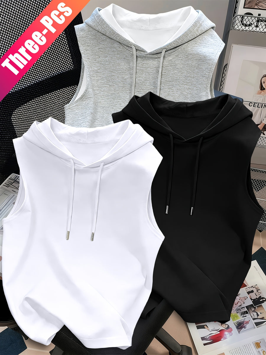 3pcs Men's Hooded Tank Tops - Korean Style Sleeveless Vests, Loose Fit Slimming Athletic Shirts Suitable for Summer Gym, Layering Base Layers, Machine Washable Solid Color Tops, Multi-Color Options for Casual & Outdoor Wear - White+Black+Grey