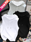 3pcs Men's Hooded Tank Tops - Korean Style Sleeveless Vests, Loose Fit Slimming Athletic Shirts Suitable for Summer Gym, Layering Base Layers, Machine Washable Solid Color Tops, Multi-Color Options for Casual & Outdoor Wear - White+Black+Grey