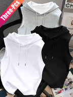 3pcs Men's Hooded Tank Tops - Korean Style Sleeveless Vests, Loose Fit Slimming Athletic Shirts Suitable for Summer Gym, Layering Base Layers, Machine Washable Solid Color Tops, Multi-Color Options for Casual & Outdoor Wear - White+Black+Grey
