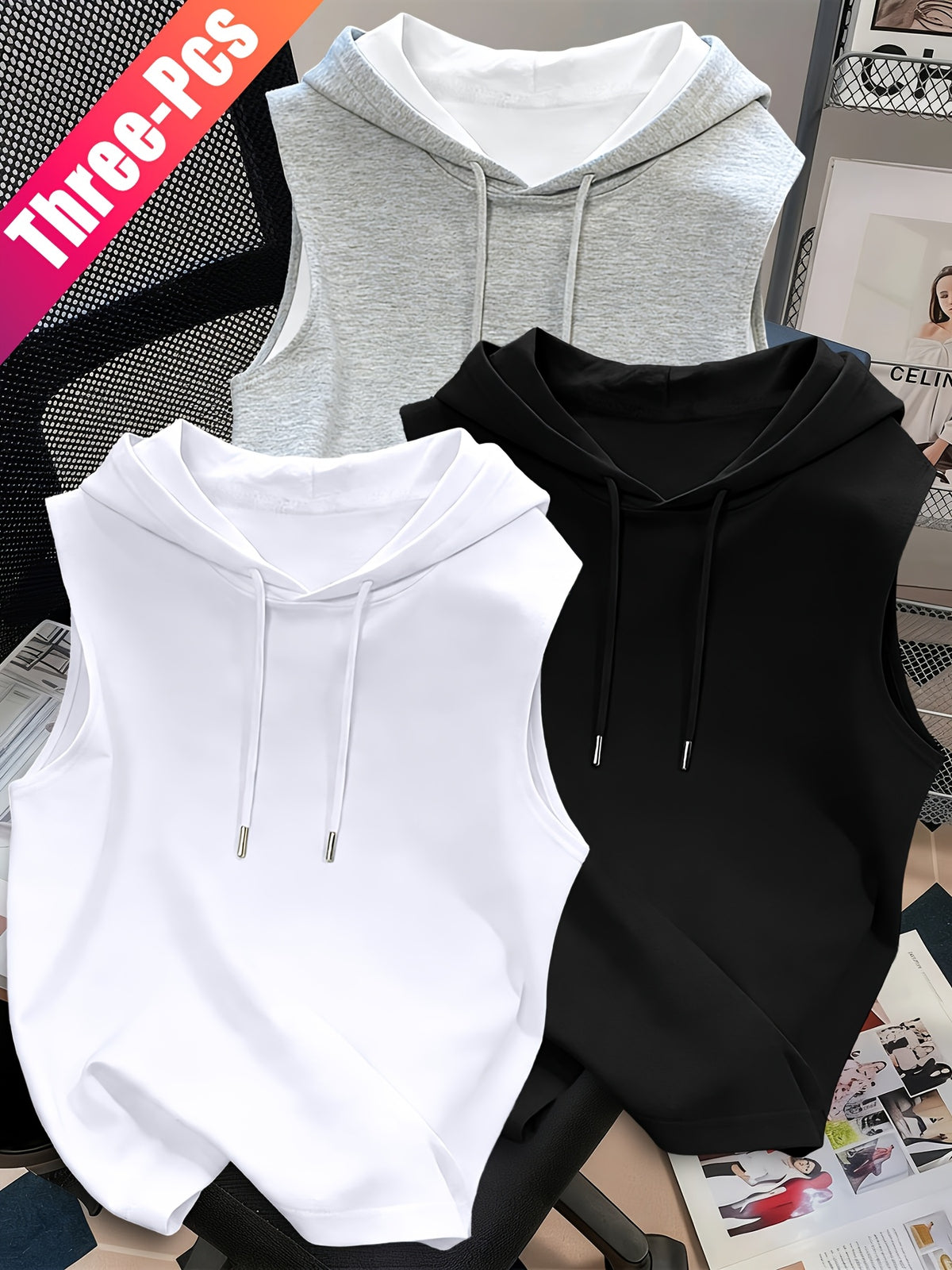 3pcs Men's Hooded Tank Tops - Korean Style Sleeveless Vests, Loose Fit Slimming Athletic Shirts Suitable for Summer Gym, Layering Base Layers, Machine Washable Solid Color Tops, Multi-Color Options for Casual & Outdoor Wear - White+Black+Grey