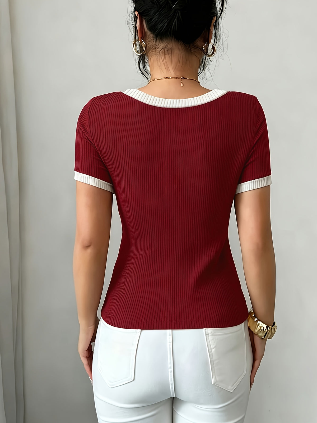 Summer New Ribbed Short Sleeve V-Neck White Lace Trim Slim Regular Length T-Shirt Top Women'S - Deep Red