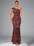 Women's Elegant Sequin Long Evening Gown - High-Waisted Mermaid Backless Formal Dress with Asymmetric One-Shoulder Neckline, Long Sleeve Sparkling Party Wedding Guest Gala Concert Dress, Mermaid Dress - Burgundy