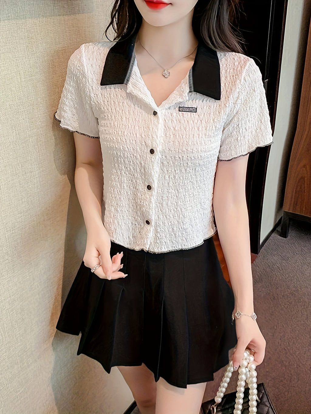 Women'S Short-Sleeved Polo Shirt with Collar, New French Style for Summer, with Pleats, Short Top with Buttons on The Front - White