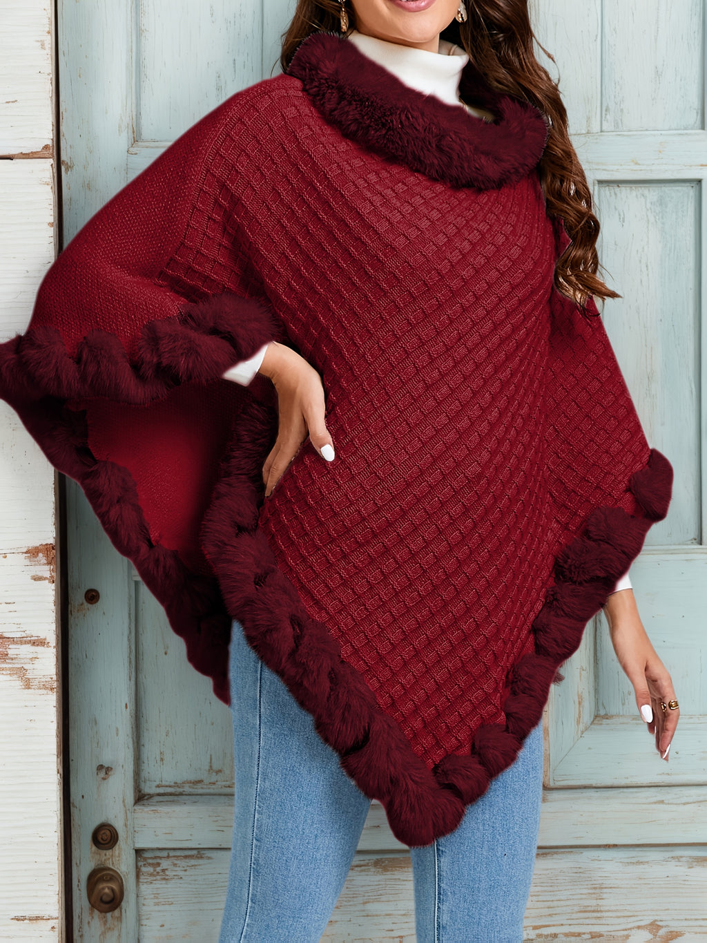 Elegant Special Edition "Pure Body Bust" - 1pc Elegant Women's Solid Color Waffle Shawl Pullover, 100% Polyester Fiber, Faux Trim Collar Patchwork, Stylish and Elegant European/American Style Warm Pullover, Suitable for Autumn/Winter - Burgundy