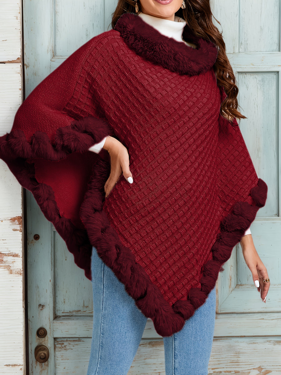 Elegant Special Edition "Pure Body Bust" - 1pc Elegant Women's Solid Color Waffle Shawl Pullover, 100% Polyester Fiber, Faux Trim Collar Patchwork, Stylish and Elegant European/American Style Warm Pullover, Suitable for Autumn/Winter - Burgundy