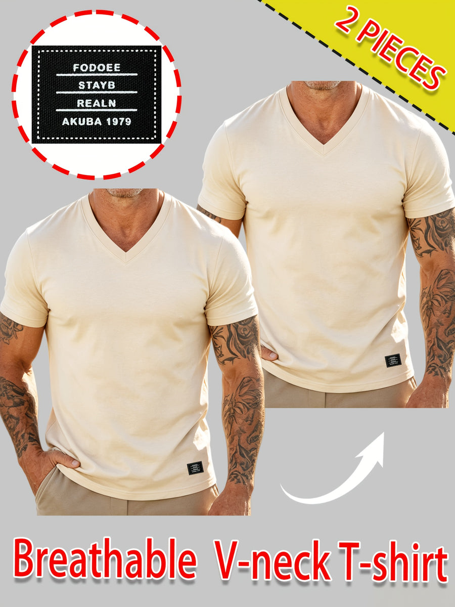 2pcs Men's 100% Cotton V-Neck T-Shirt - Breathable Short-Sleeve Solid Color Basic Tee Suitable for Summer Gym, Outdoor Sports & Casual Wear, Non-Stuffy Machine Washable Pure Cotton Shirts for Fitness and Everyday Activities - Apricot