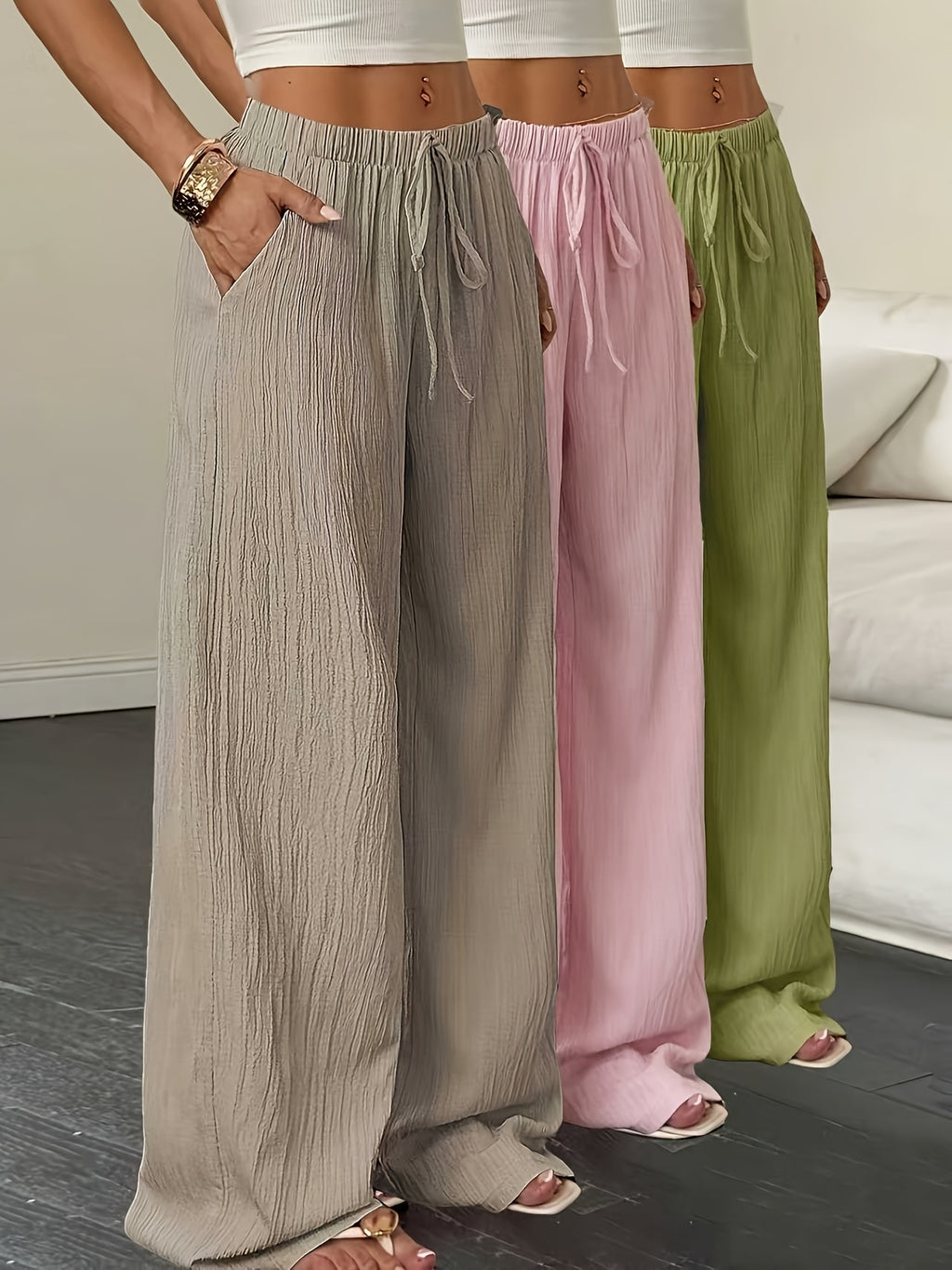Elegant Women'S Casual Versatile Solid Wide-Leg Pants 3pcs Set - Khaki Pink Matcha Green