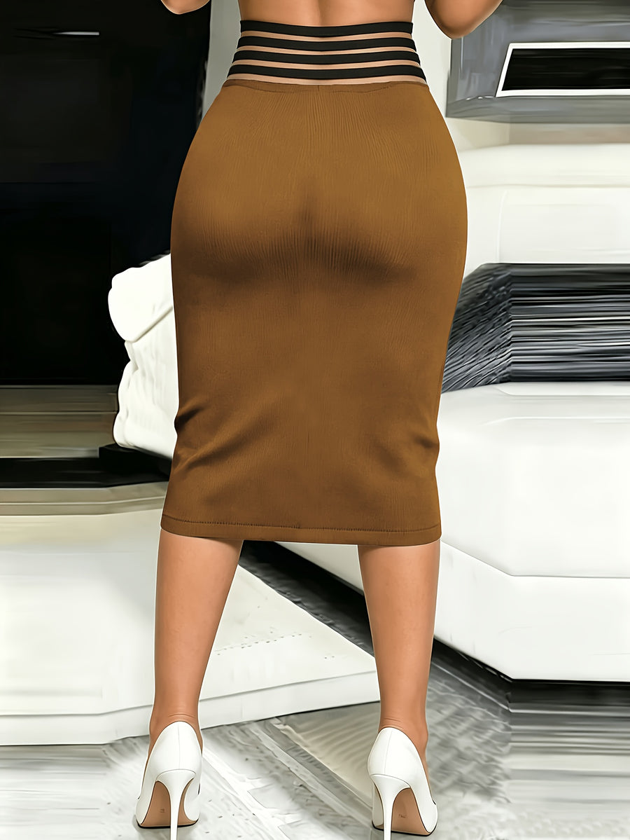 Temperament Solid Color Hollow Waist Head Pencil Skirt, Body-Hugging -Lifting Style, Office Commute/Light Business/Date Half Skirt - Light Brown-1