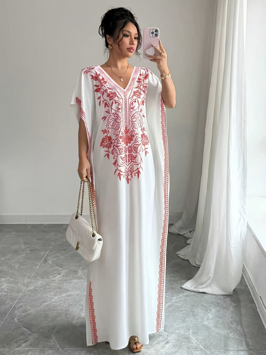 Women'S Summer Elegant Casual Robe, Floral Print V-Neck, Slit Long Dress - Watermelon Red