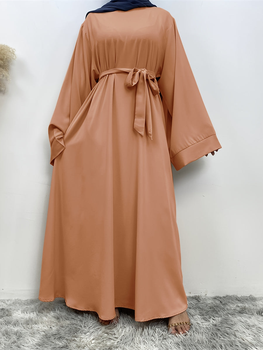 1pc Fashionable, Elegant, Comfortable, and Casual Wide-sleeved Abaya with Belt. Solid Color Suitable for Daily Wear. Loose and Comfortable Women's Abaya Dress. Ferace Tesettür Clothing, Women's Abayas for Muslim Women, Islamic Wear for Women - Yellowish-brown