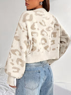 Women's White Leopard Print Casual Cardigan, Loose Fit, Minimalist Design, Suitable for Autumn and Winter, Perfect for Casual Attire. - Ivory White