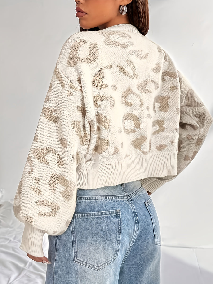 Women's White Leopard Print Casual Cardigan, Loose Fit, Minimalist Design, Suitable for Autumn and Winter, Perfect for Casual Attire. - Ivory White