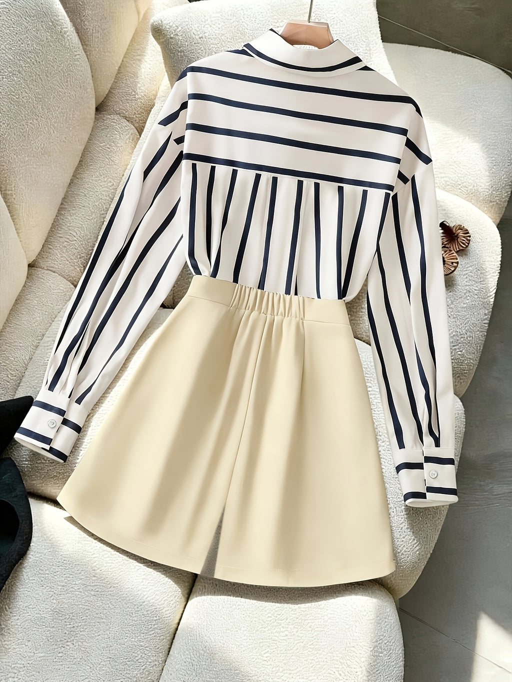 [Development ZD251208042] Glovely Striped Shirt + Asymmetrical Pleated Skort Elegant Women's 2pcs Set - Apricot