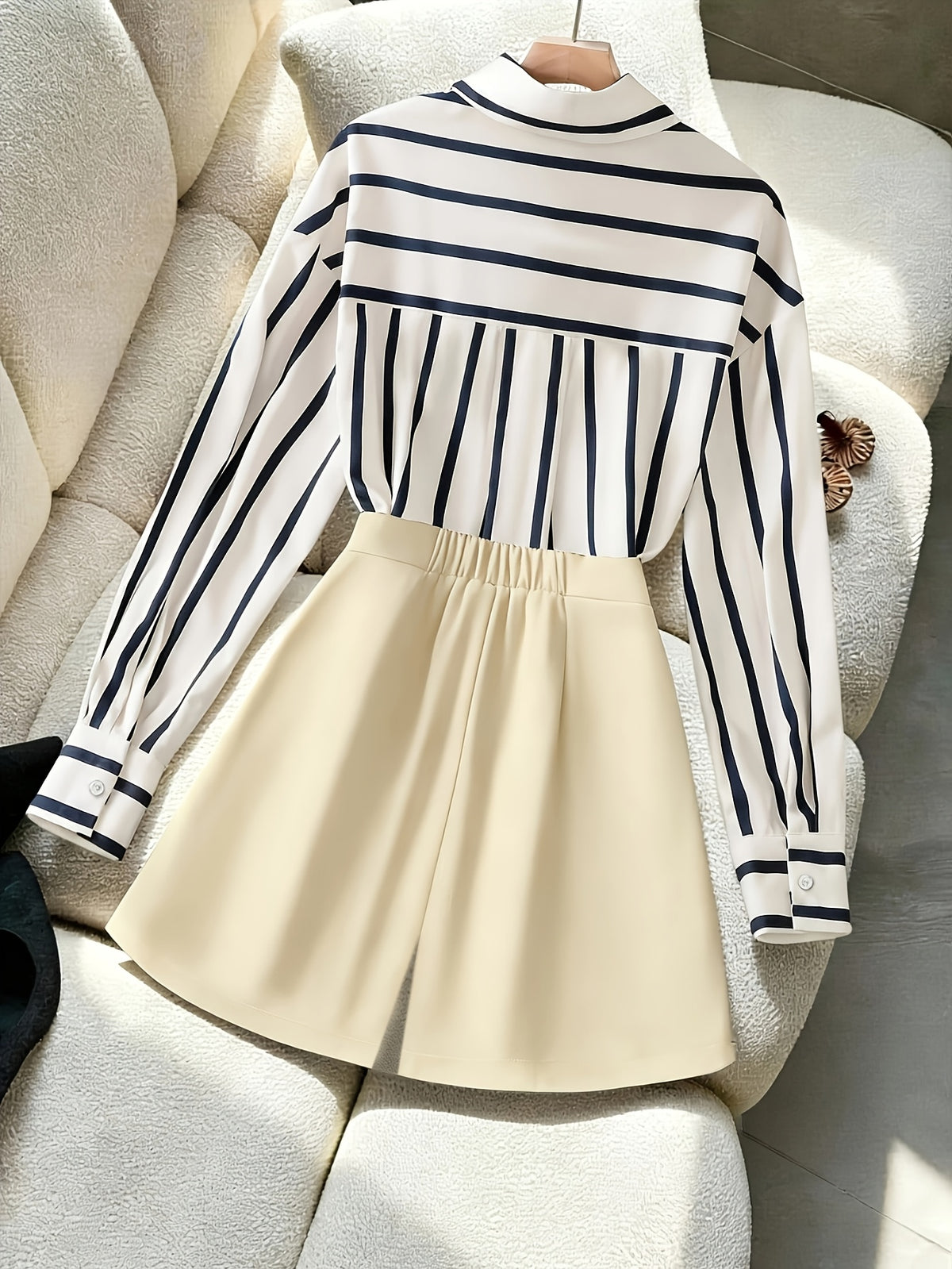 [Development ZD251208042] Glovely Striped Shirt + Asymmetrical Pleated Skort Elegant Women's 2pcs Set - Apricot
