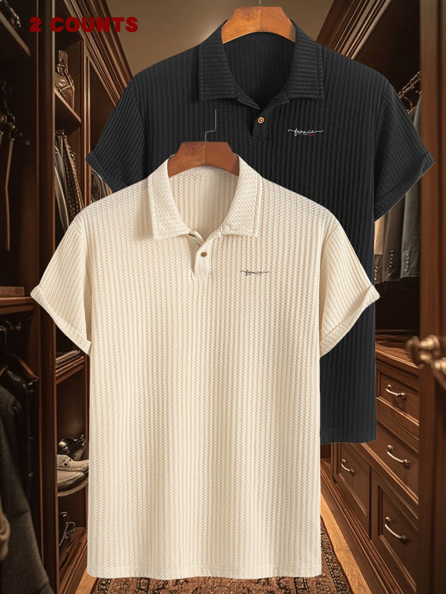 2pcs Set Summer Men'S Textured Jacquard Short Sleeve POLO Shirts | Casual Comfortable Soft Knit Lapel Collar, Geometric Pattern, Button Details - Khaki + Black