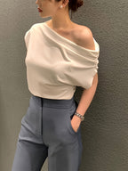 Summer New Niche Irregular Off-shoulder Design Solid Color Pullover Short-sleeve T-shirt - White