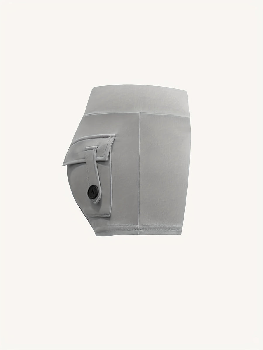 European and American Peach Workwear Style High-Waisted Elastic Butt-Lifting Buttoned Pocket Pants for Women - Grey