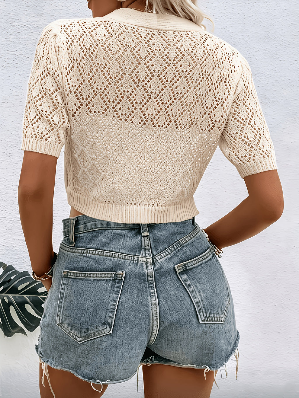 Women'S Crochet Short Cardigan, V-Neck Short Sleeve Button Crop Top, Casual Lightweight Hollow Out Summer Shrug - Apricot